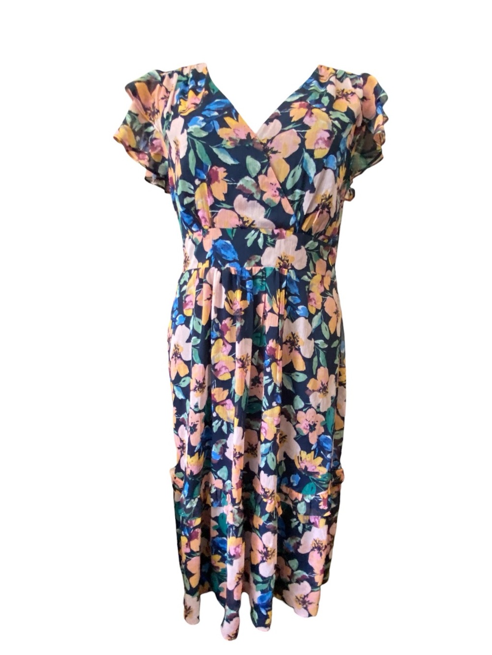 Maggy London Navy Floral Midi Dress Womens 14 Romantic Cottagecore Feminine